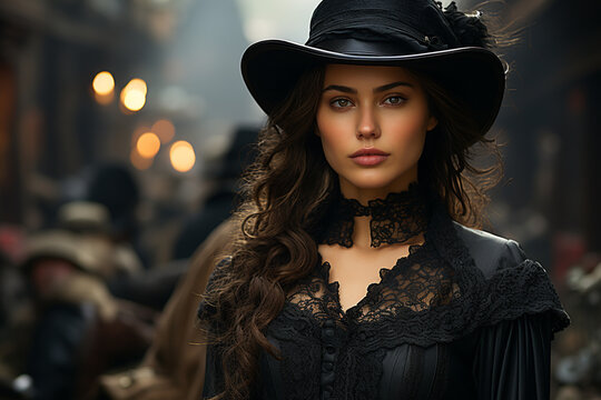 girl, woman, lady, woman in 1830s style. black dress, hat, elegant look, rich, luxe, luxury. old style, beatiful view, graceful old fashioned, 1800 1900