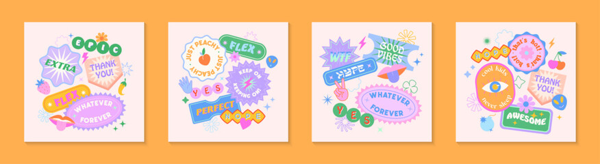 Vector set of cute backgrounds with patches and stickers in 90s style.Modern illustrations in y2k aesthetic with text.Trendy funky designs for banners; smm; branding; packaging; covers