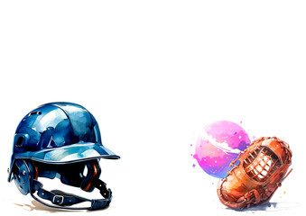 Fototapeta premium Baseball ball, glove and helmet with flat background and space for text
