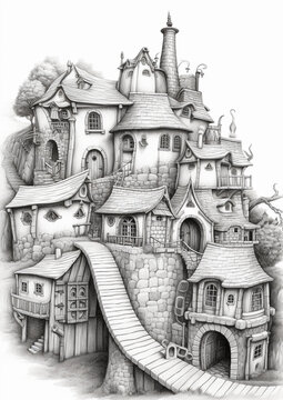 illustration, drawing, hobbit houses, fantasy, coloring, print