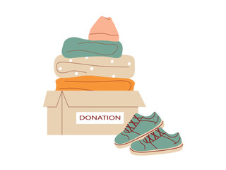 Clothes donation. Cardboard box full of different clothes. Charity, things donation for needy and poor people. Concept of volunteering and social assistance. International Day of Charity. Flat vector.