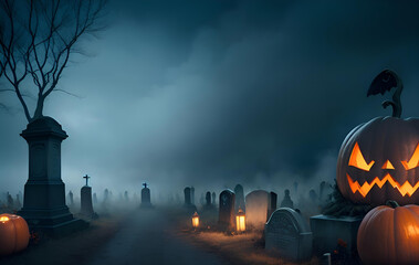An old cemetery in the moonlight on Halloween night.