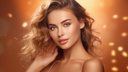 Fototapeta premium Pretty woman with beautiful and glowing skin, for skin advertise, bright background- generative AI, fiction Person