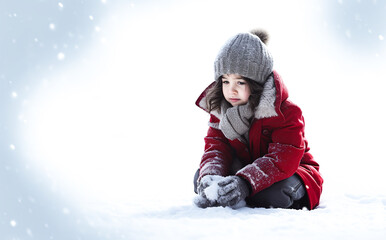 Fototapeta na wymiar Warmly dressed little girl in a knitted hat sits in the snow