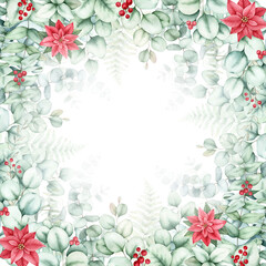 Obraz premium Christmas floral background with poinsettia,holly berries,green leaves.