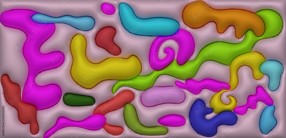 Poster background with various inflated figures, 3d rendering illustration