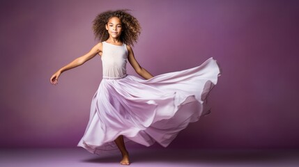 Expressive Young Girl Demonstrating a Dance Twist, Highlighted Against a Soft Lavender Studio Canvas with Copy Space- generative AI, fiction Person