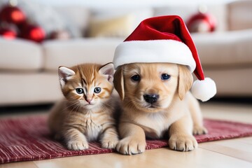 Labrador puppy in a Santa Claus hat and a red kitten lying on a rug at home, Christmas
