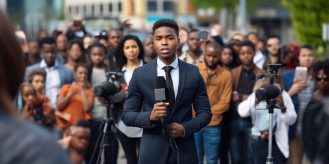 man public black speaker giving speech in front of tv camera or breaking news reporter covering live news media and television press headlines standing in the middle of the street holding microphone - obrazy, fototapety, plakaty
