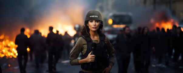 breaking news female woman reporter covering live event for news media and television press headlines standing in the middle of the street holding microphone wearing helmet and vest