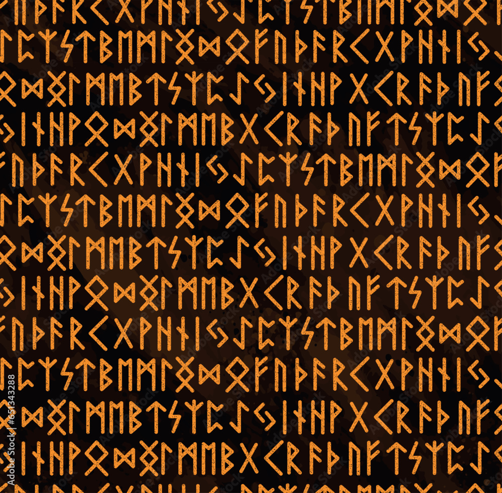 Wall mural orange ancient viking runes alphabet pattern over a dark brown water color effect at background seam