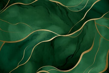 green watercolor background with golden line and Liquid marble texture. Seamless pattern abstract leaf. Modern background. Elegant luxury wallpaper hand painted. generative ai. - obrazy, fototapety, plakaty