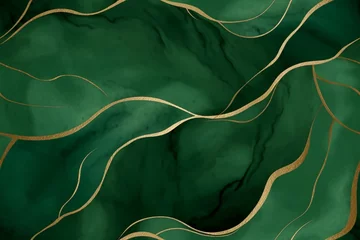 Poster green watercolor background with golden line and Liquid marble texture. Seamless pattern abstract leaf. Modern background. Elegant luxury wallpaper hand painted. generative ai. © SEUNGJIN