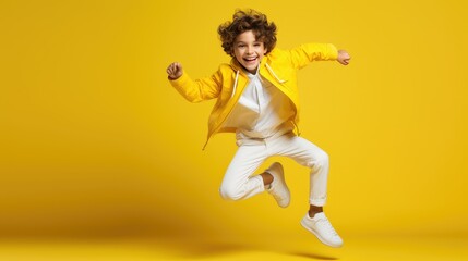 Portrait of a Boy Striking a Playful Dance Pose, Radiating Youthful Energy Against a Vibrant Yellow Studio Canvas with Copy Area- generative AI, fiction Person