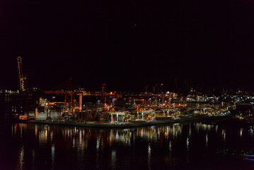 Vancouver Port freight terminal at night with Venus visible in the night sky