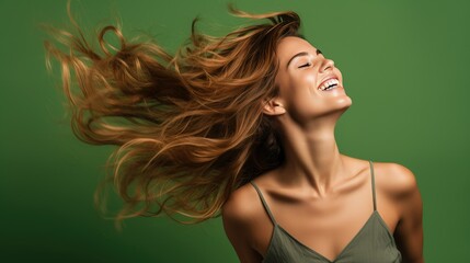 Spontaneity Captured: Woman in Mid Hair Flip, Evoking Movement and Joy Against a Striking Green Studio Backdrop- generative AI, fiction Person