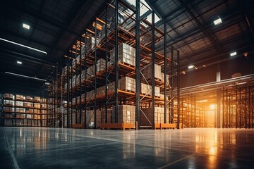 Empty industrial warehouse with racks during evening. Concept of real estate. Generative AI - obrazy, fototapety, plakaty