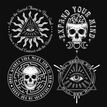 Set of labels with all seeing eye, skulls, labyrinth, text. Concept of intuition, secret knowledge, psychic abilities Monochrome mystical vintage illustrations for clothing, apparel, T-shirts design