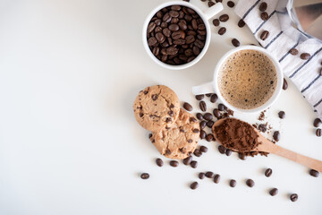 Coffee set of espresso boiler with grounded and beans of coffee on white background