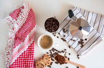 Coffee set of espresso boiler with grounded and beans of coffee on white background with arabick...