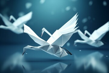 Symbol of revolutionary innovation: paper swans, origami bird in flight. Creative thinking, game changer concept. Generative AI