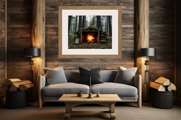 Three wooden frames displayed in a rustic living area, digitally created imagery. Generative AI