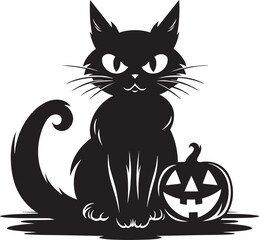 Cat and pumpkin. Scary black cat with pumpkin silhouette isolated on white background © LiliGraphie