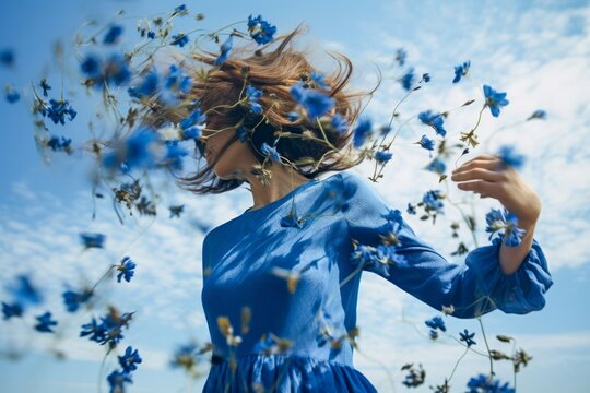portrait d'une jeune femme en mouvement au visage cach&eacute; par des fleurs bleues et v&ecirc;tue de bleu.