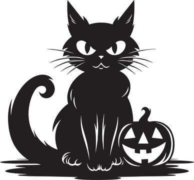 Cat and pumpkin. Scary black cat with pumpkin silhouette isolated on white background