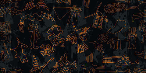 amazing world famous peruvian ancient indigenous golden nazca lines seamless pattern over a black water color effect background