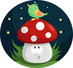Bird and a mushroom, illustration, vector on a white background.