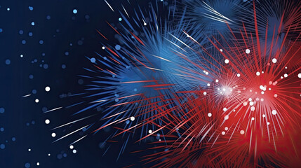 Red, blue, white fireworks above water with reflection on the black sky background. 4th of july celebration. American holiday. Generative ai