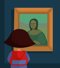 Girl watching painting of Mona Lisa, illustration, vector on a white background.