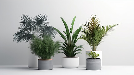 Illustration of a row of tropical houseplants in ceramic containers generative AI