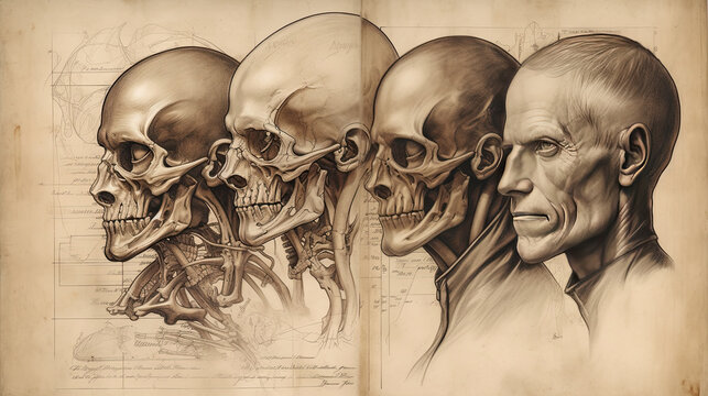 Human Anatomy Drawing on Old Canvas Background Skull Generative AI