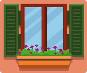 Windows with flowers, illustration, vector on a white background.