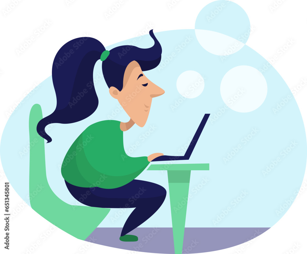 Sticker Girl with laptop, illustration, vector on a white background.