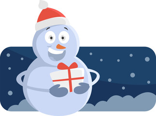 Snowman with present, illustration, vector on a white background.