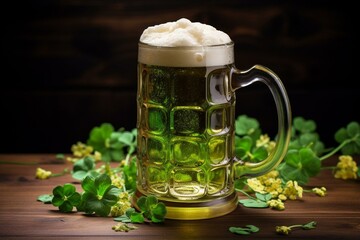 Irisch beer mug with clover as symbol for St. Patrick's Day. Generative AI