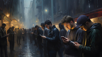 A bustling city street filled with people engrossed in their smartphones, oblivious to a homeless individual seeking help, symbolizing society's digital obsession and desensitization to the less fortu - obrazy, fototapety, plakaty
