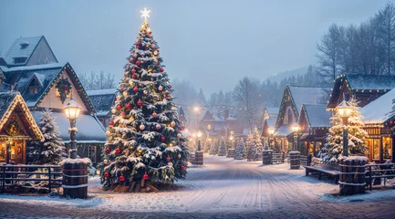 Fotobehang Christmas village, snowy santa village with a big Christmas tree and pine trees, xmas decorations, magical feel © OpticalDesign