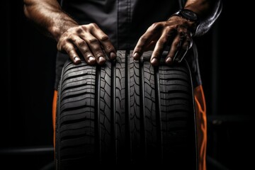 New car tires and the hands of a master. Background with selective focus and copy space