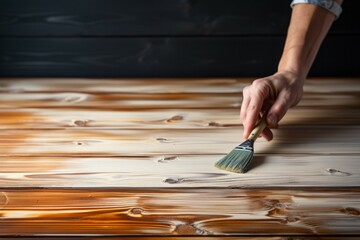 Varnishing and painting a wooden surface. Background with selective focus and copy space