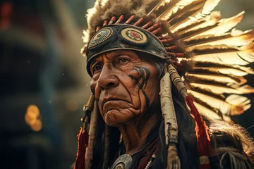 Fotobehang The chief of the Apache Indians is a native American man. The concept of Columbus day and the discovery of America © top images