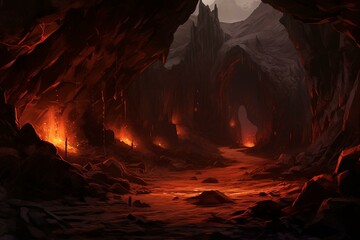 cavernous lair close to blazing peak. Generative AI - obrazy, fototapety, plakaty