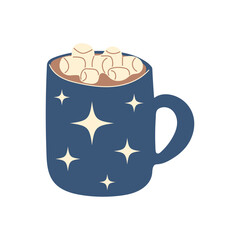 Blue Mug of warm cocoa, hot chocolate with marshmallows isolated on white. Cozy seasonal drink in flat style. Design element for cards, invitations, cafe menu