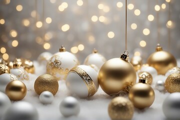 3d render Winter holiday wallpaper Festive white and gold Christmas ornaments and baubles