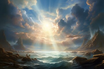 An artwork depicting a tranquil ocean landscape with clouds and beams of light. Generative AI