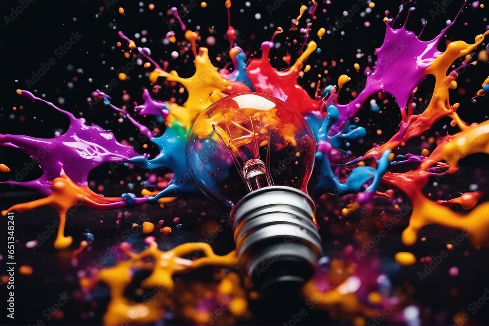Poster creative light bulb explodes with colorful paint and splashes on a black background think different