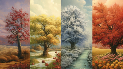 landscape with trees and fog with four seasons